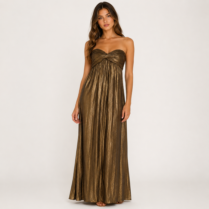 Verge | Gold Metallic Pleated Twist Front Maxi Dress