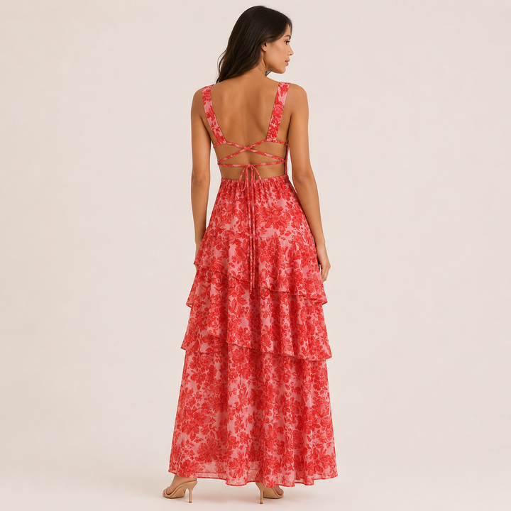 Pure | Red Floral Tiered Ruffle Maxi Dress