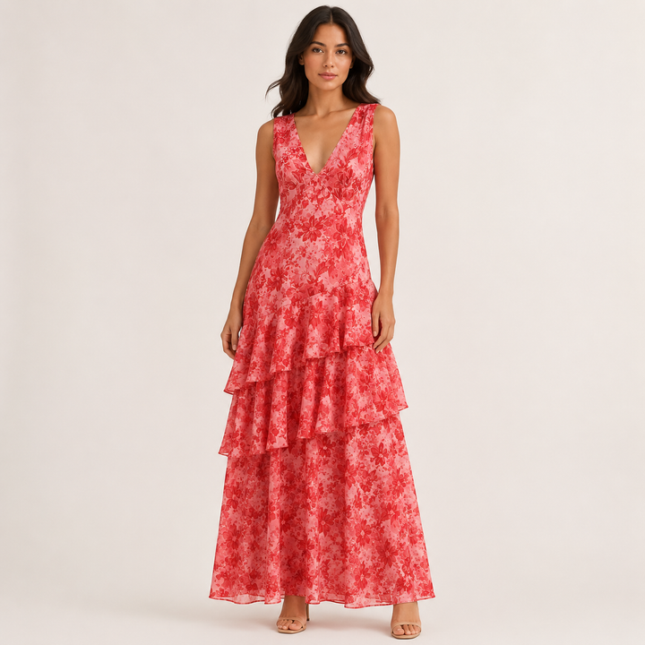 Pure | Red Floral Tiered Ruffle Maxi Dress