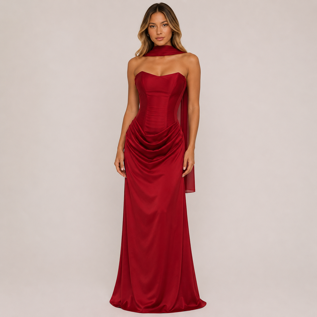 Flame | Red Strapless Corset Satin Maxi Dress