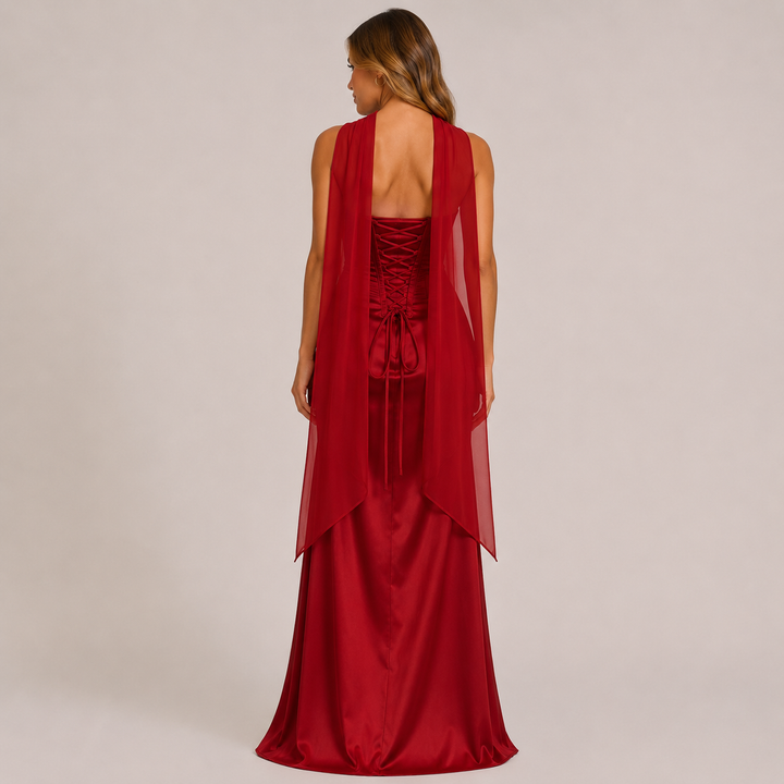 Flame | Red Strapless Corset Satin Maxi Dress