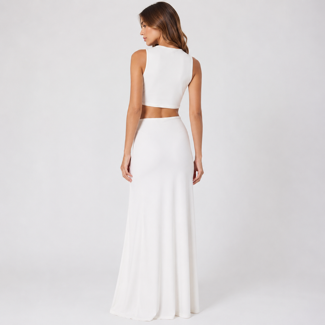 Brace | White Twist Cutout Waist V Neck Maxi Dress