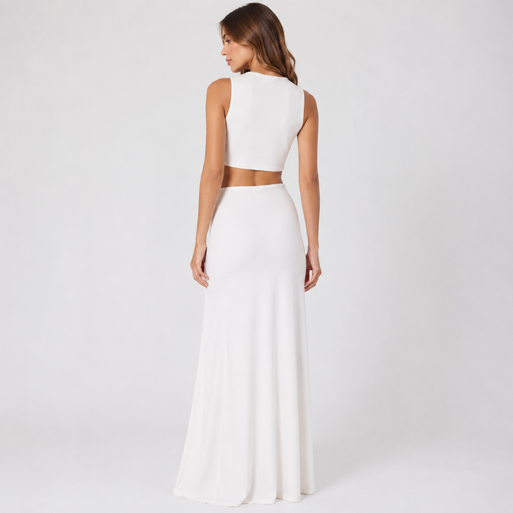 Brace | White Twist Cutout Waist V Neck Maxi Dress