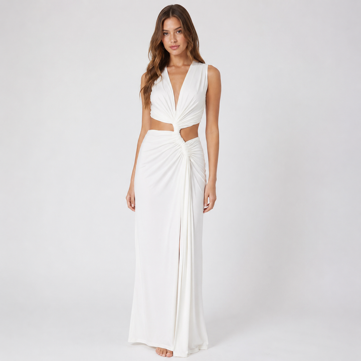 Brace | White Twist Cutout Waist V Neck Maxi Dress