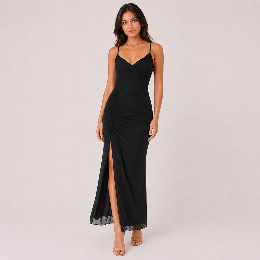 Lean | Black Ruched Backless Maxi Dress