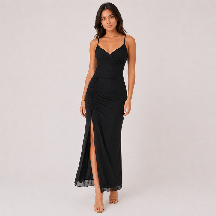 Lean | Black Ruched Backless Maxi Dress