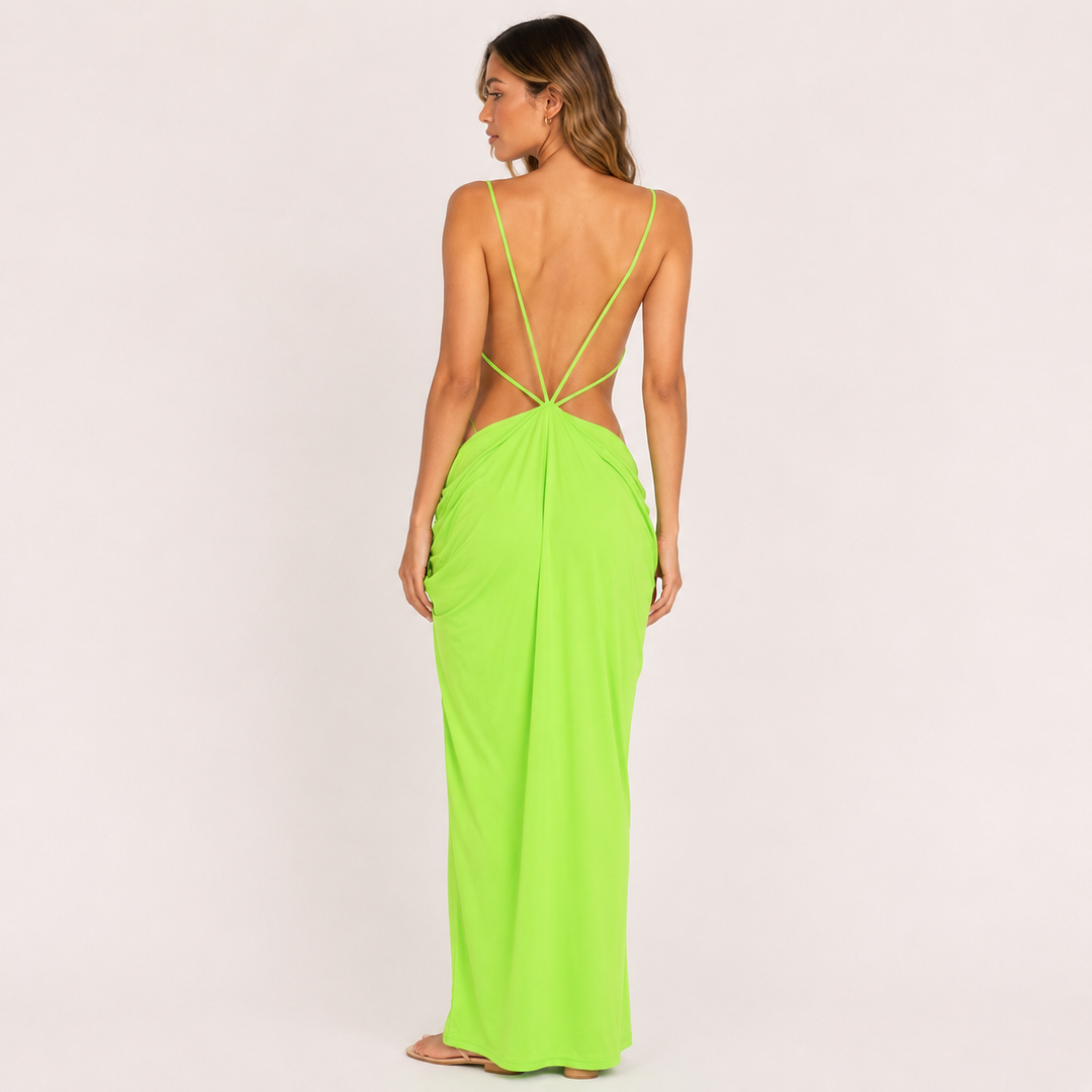 Burn | Green Cutout Backless Draped Maxi Dress