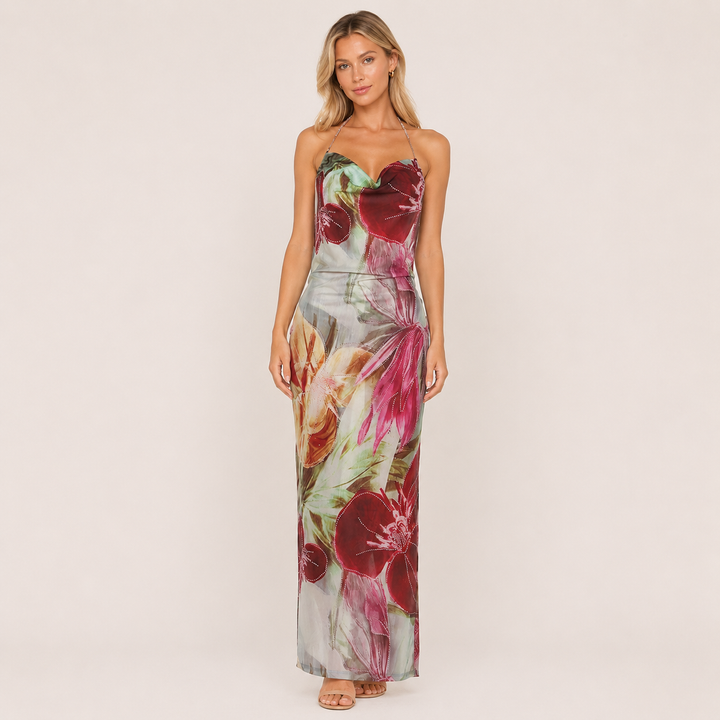 Keep | Floral Cowl Halter Backless Maxi Dress