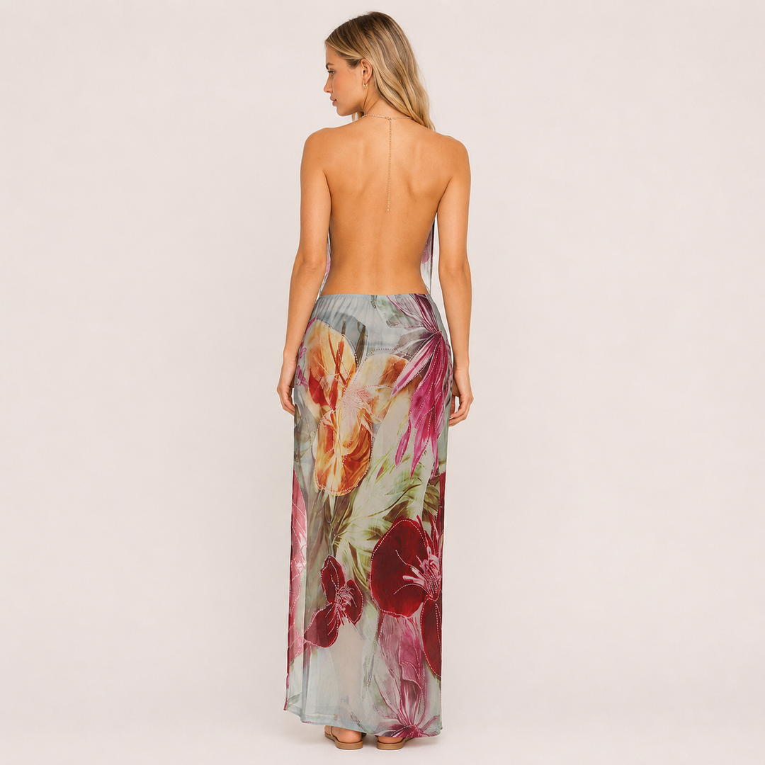 Keep | Floral Cowl Halter Backless Maxi Dress