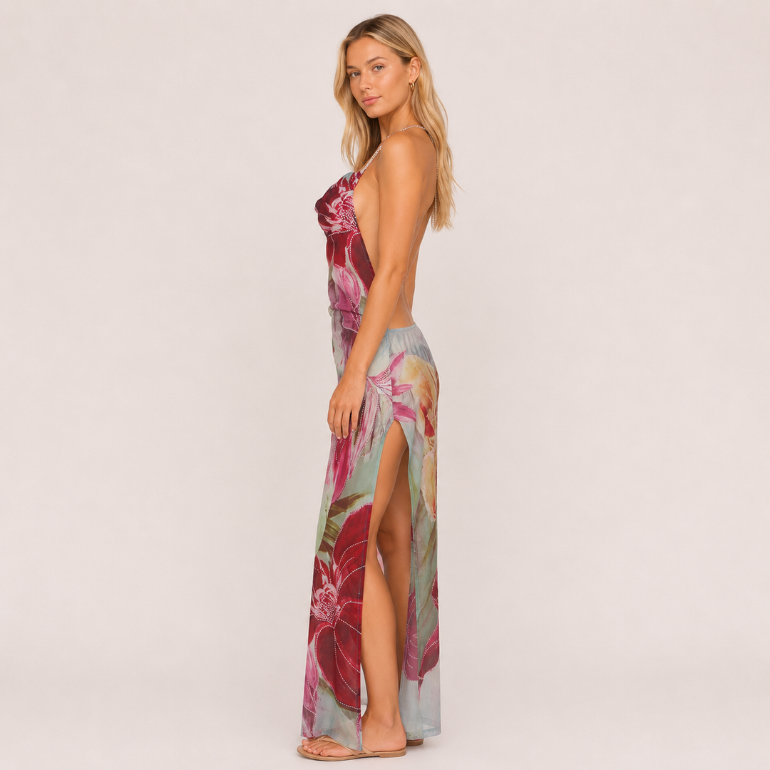 Keep | Floral Cowl Halter Backless Maxi Dress