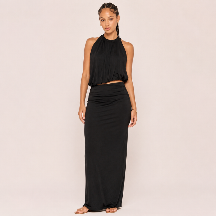 Dive | Black Halter Crop Top Maxi Skirt Set