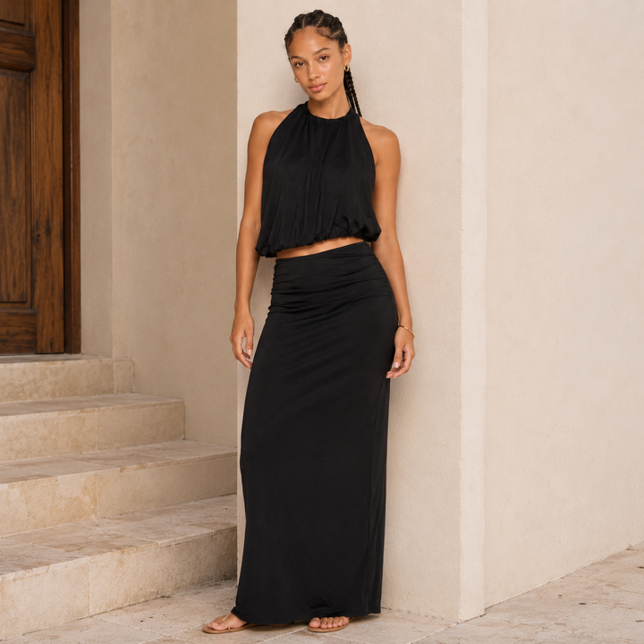 Dive | Black Halter Crop Top Maxi Skirt Set