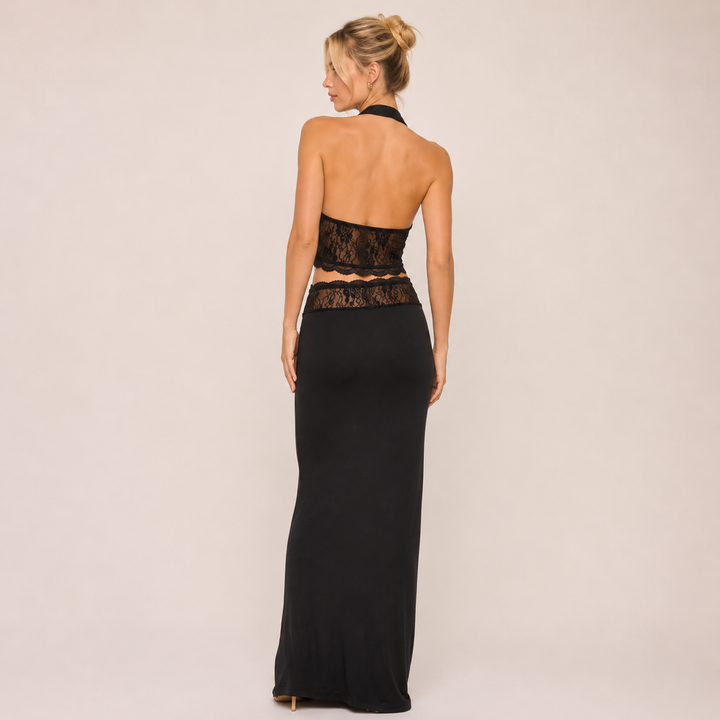 Torn | Black Halter Lace Maxi Skirt Set