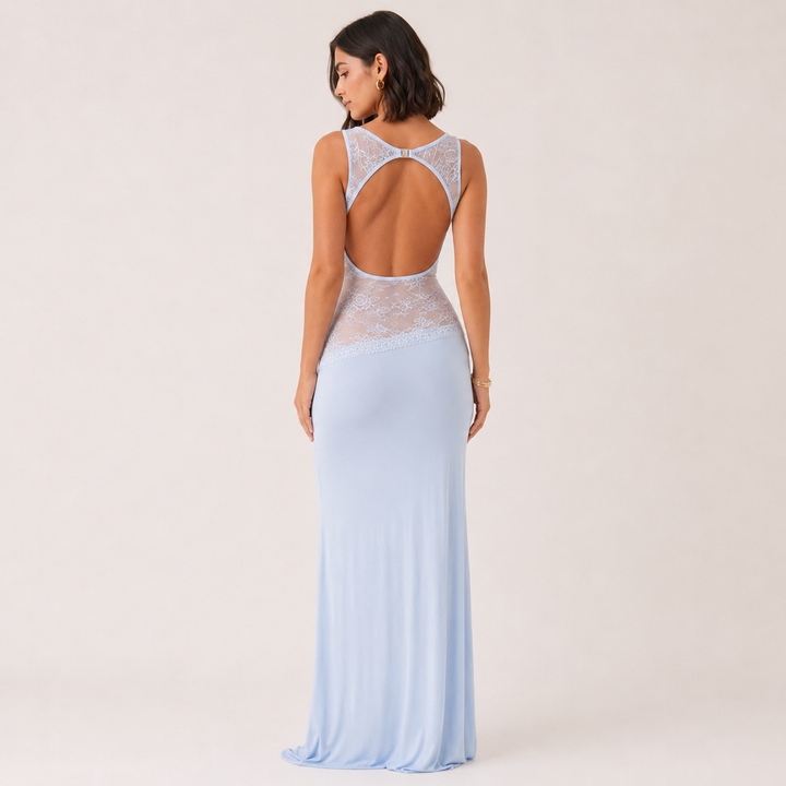 Vale | Blue Sheer Lace Waist Backless Maxi Dress