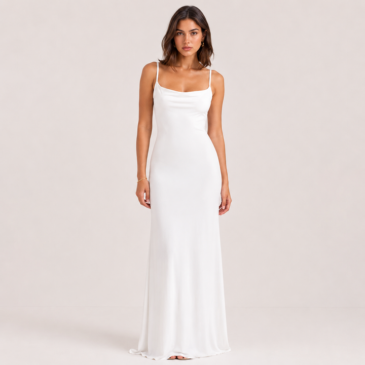 Dove | White Satin Cowl Neck Backless Maxi Dress