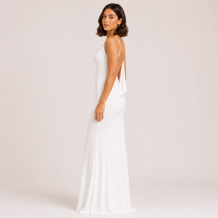 Dove | White Satin Cowl Neck Backless Maxi Dress