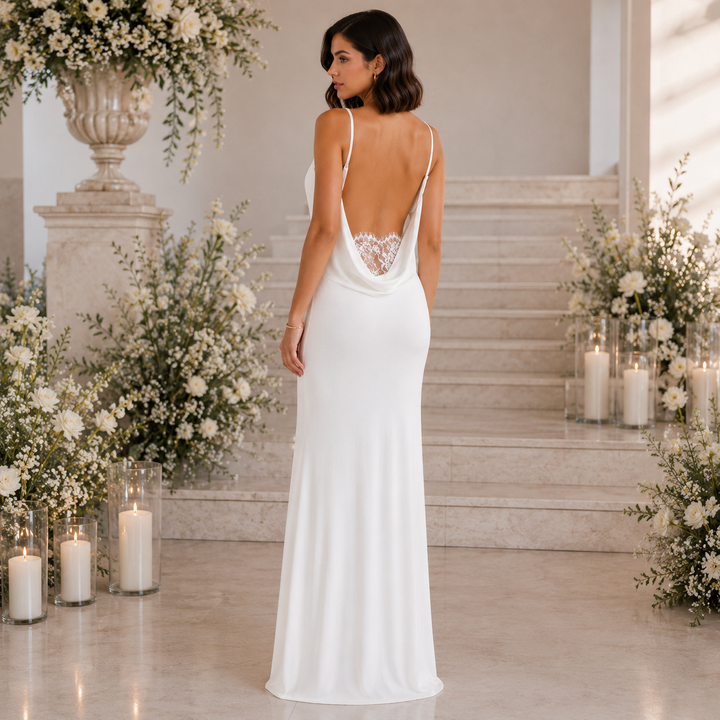 Dove | White Satin Cowl Neck Backless Maxi Dress