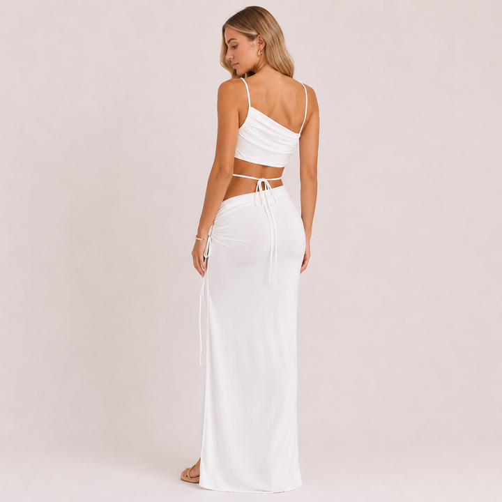 Arc | White One Shoulder Ruched Cutout Maxi Dress