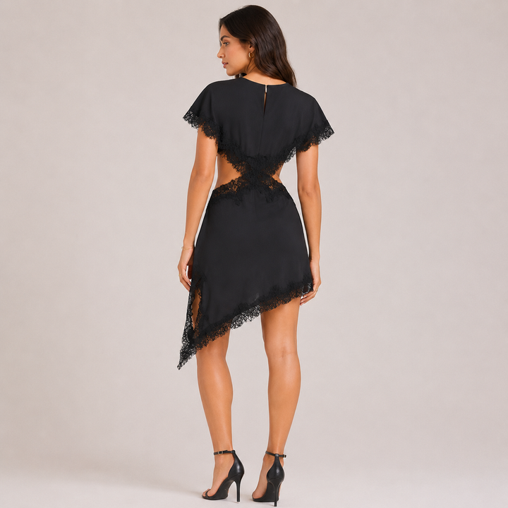 Slip |  Black Lace Cutout Asymmetric Midi Dress