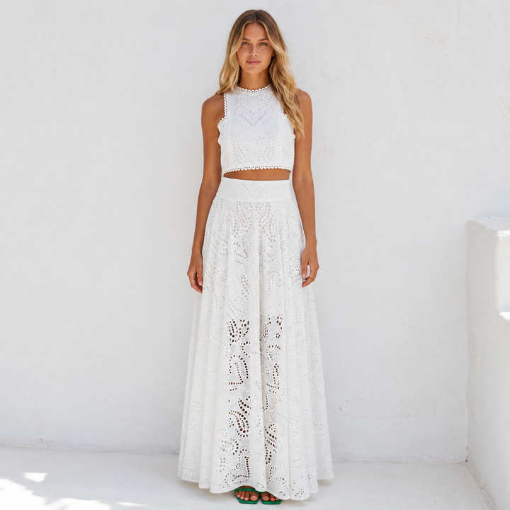 Sigh | White Floral Cutout Crop Top Maxi Skirt Two Piece Set