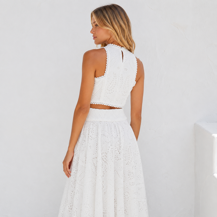 Sigh | White Floral Cutout Crop Top Maxi Skirt Two Piece Set
