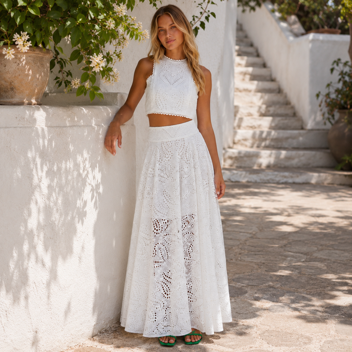 Sigh | White Floral Cutout Crop Top Maxi Skirt Two Piece Set