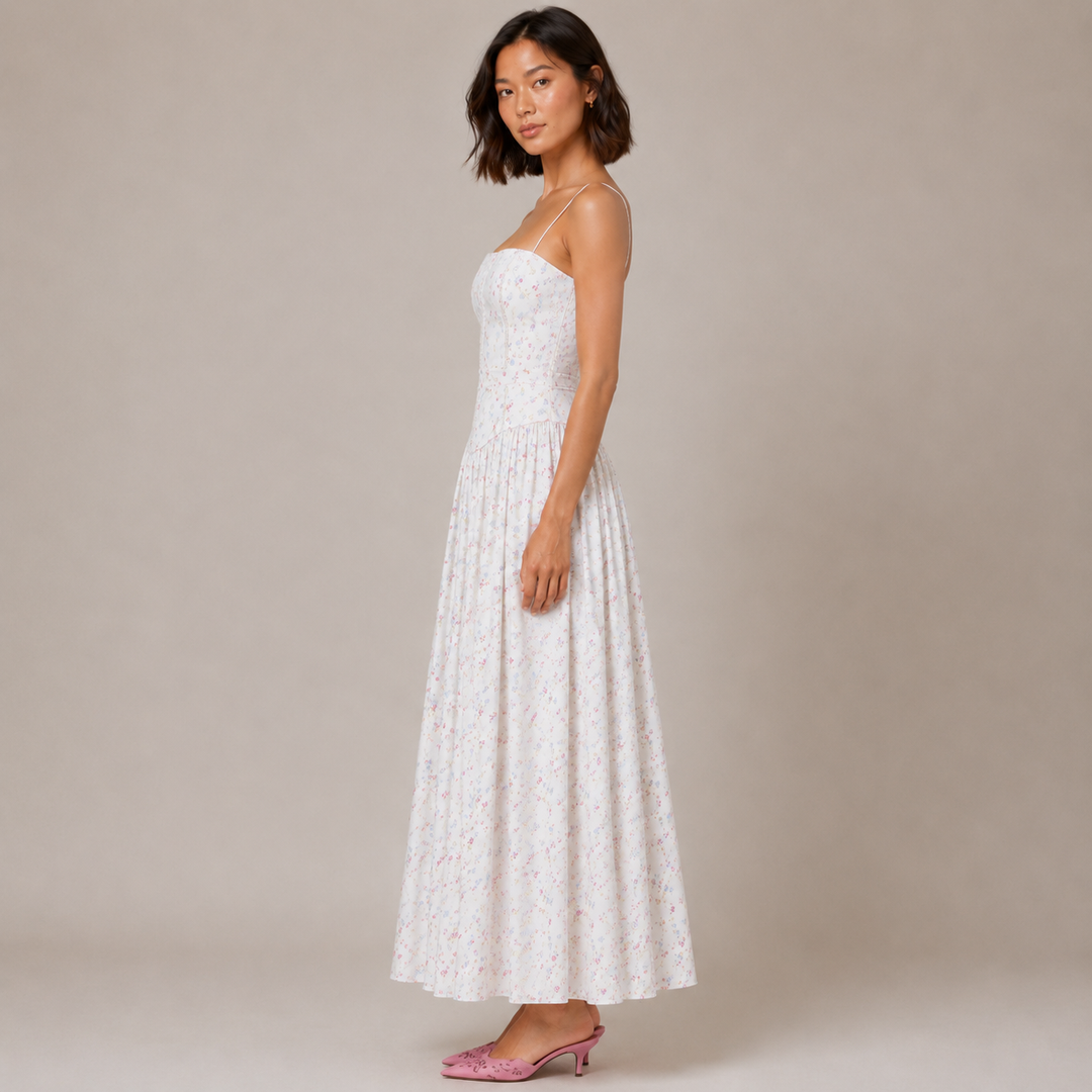 Fond | Cream Floral Corset Drop Waist Midi Dress
