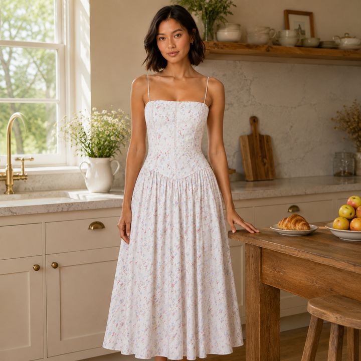 Fond | Cream Floral Corset Drop Waist Midi Dress