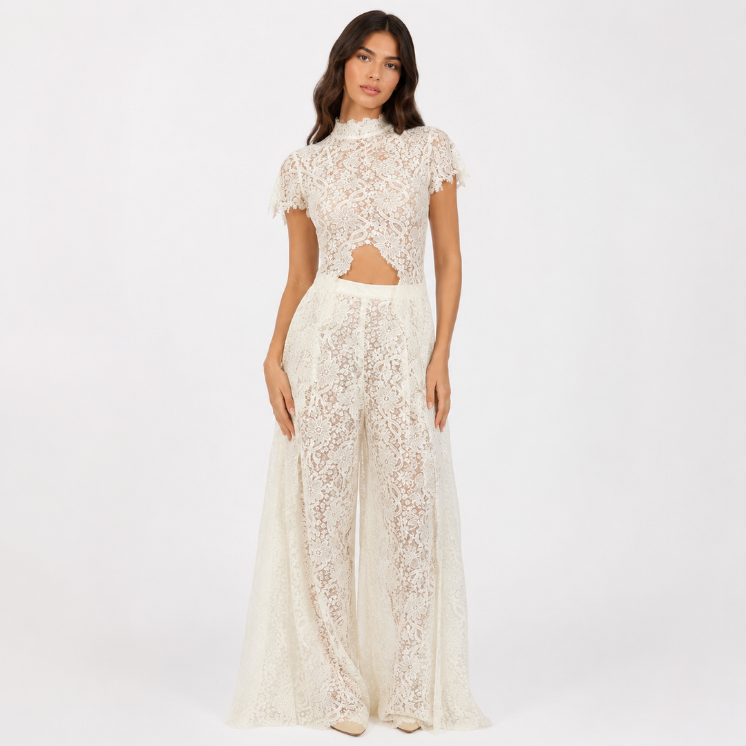 Charm | Sheer Lace Crop Top &amp; Wide-Leg Pants Set