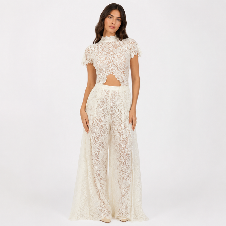 Charm | Sheer Lace Crop Top &amp; Wide-Leg Pants Set