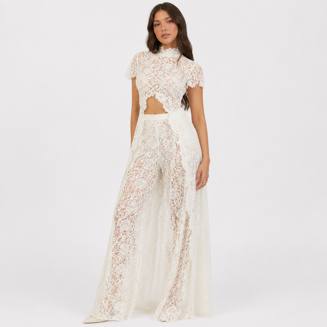 Charm | Sheer Lace Crop Top &amp; Wide-Leg Pants Set