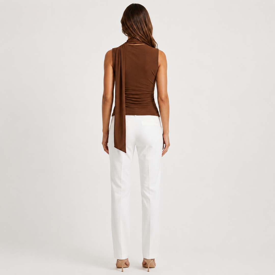 Coy | Brown Cowl Neck Scarf Tie Crop Top