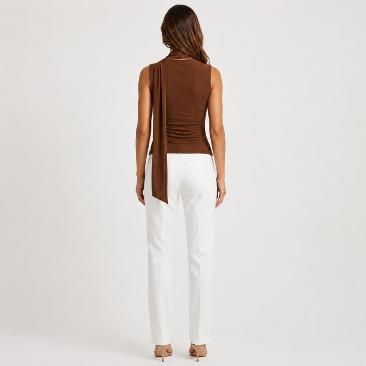 Coy | Brown Cowl Neck Scarf Tie Crop Top
