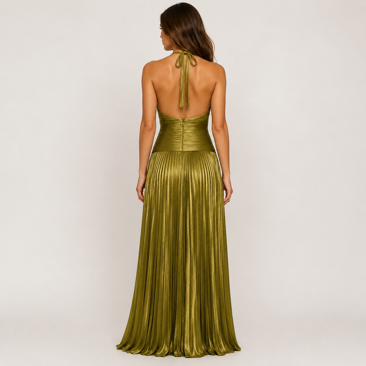 Beam | Metallic Green Halter Pleated High Slit Maxi Dress