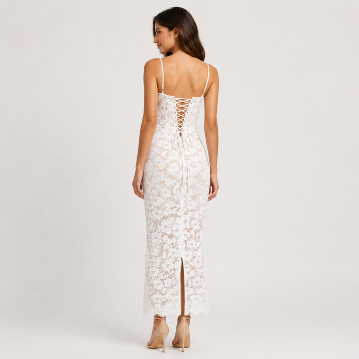 Lore | White Lace Sweetheart Neck Spaghetti Strap Midi Dress