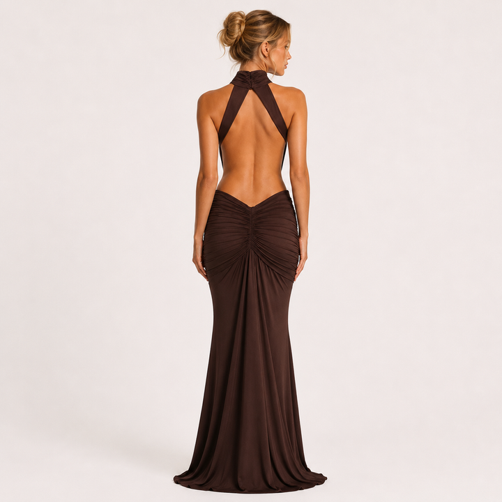 Bare | Chocolate Brown Halter Open Back Mermaid Maxi Dress