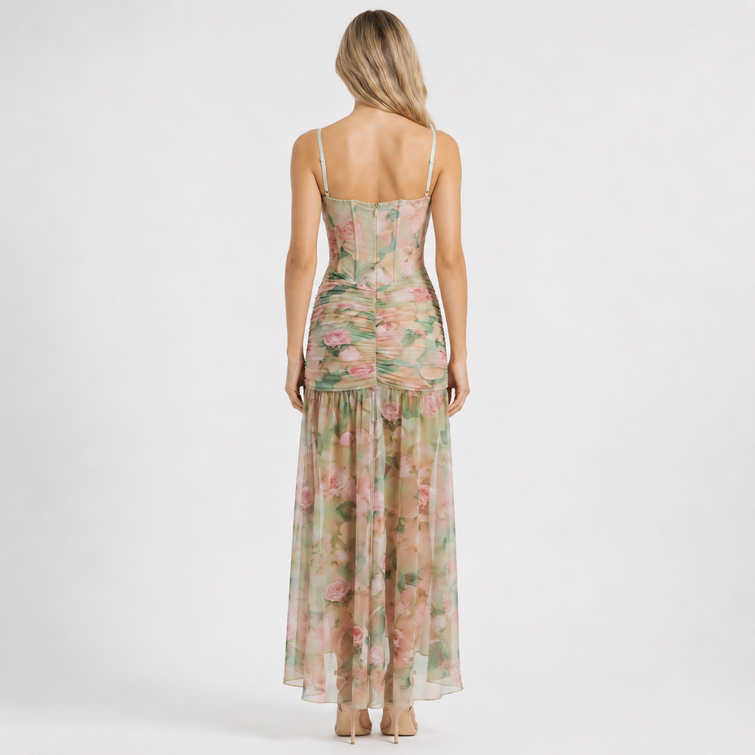Awe | Floral Mesh Corset High Slit Maxi Dress