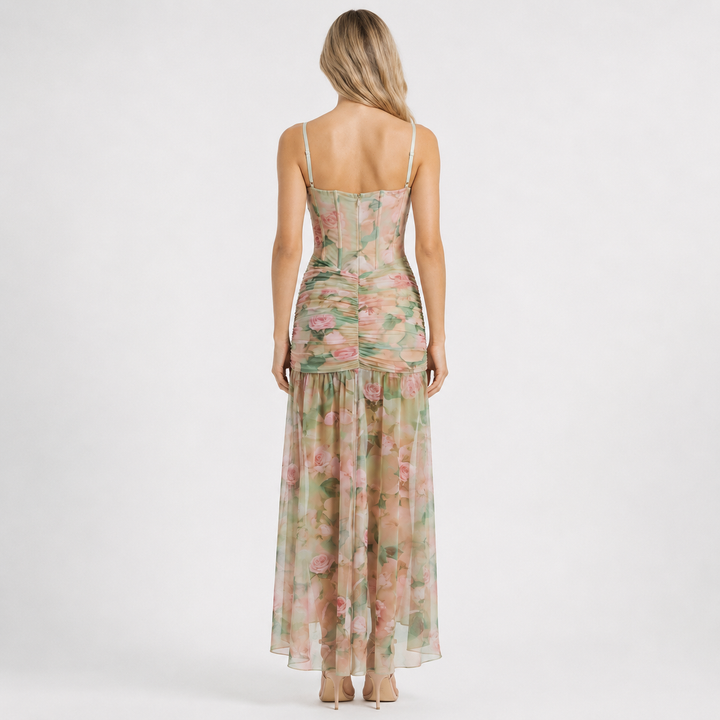 Awe | Floral Mesh Corset High Slit Maxi Dress