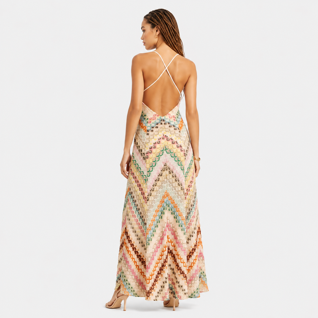 Dream | Multicolor Crochet Knit Halter Open Back Maxi Dress