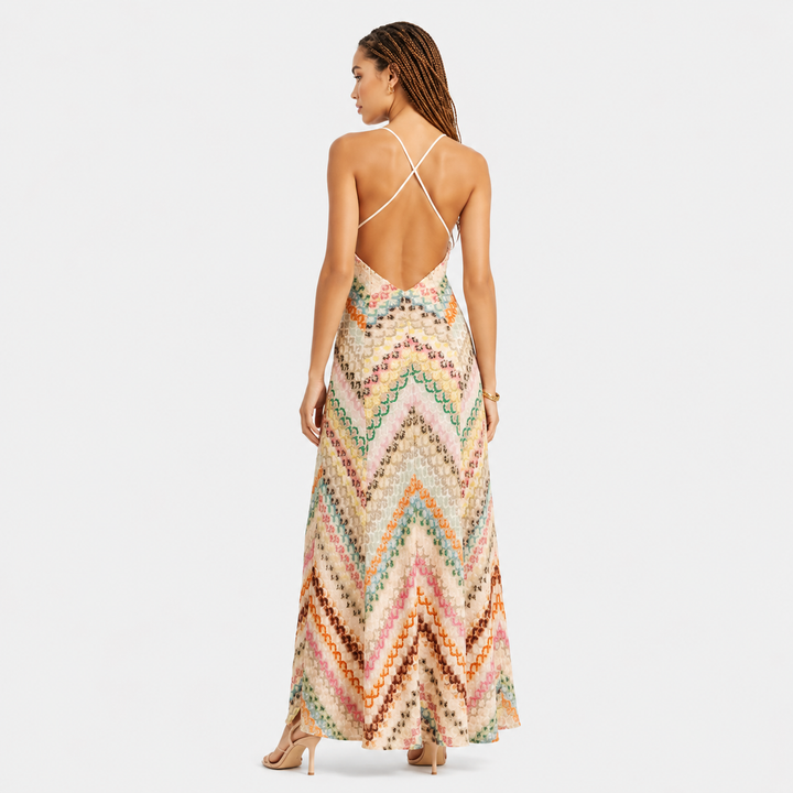 Dream | Multicolor Crochet Knit Halter Open Back Maxi Dress