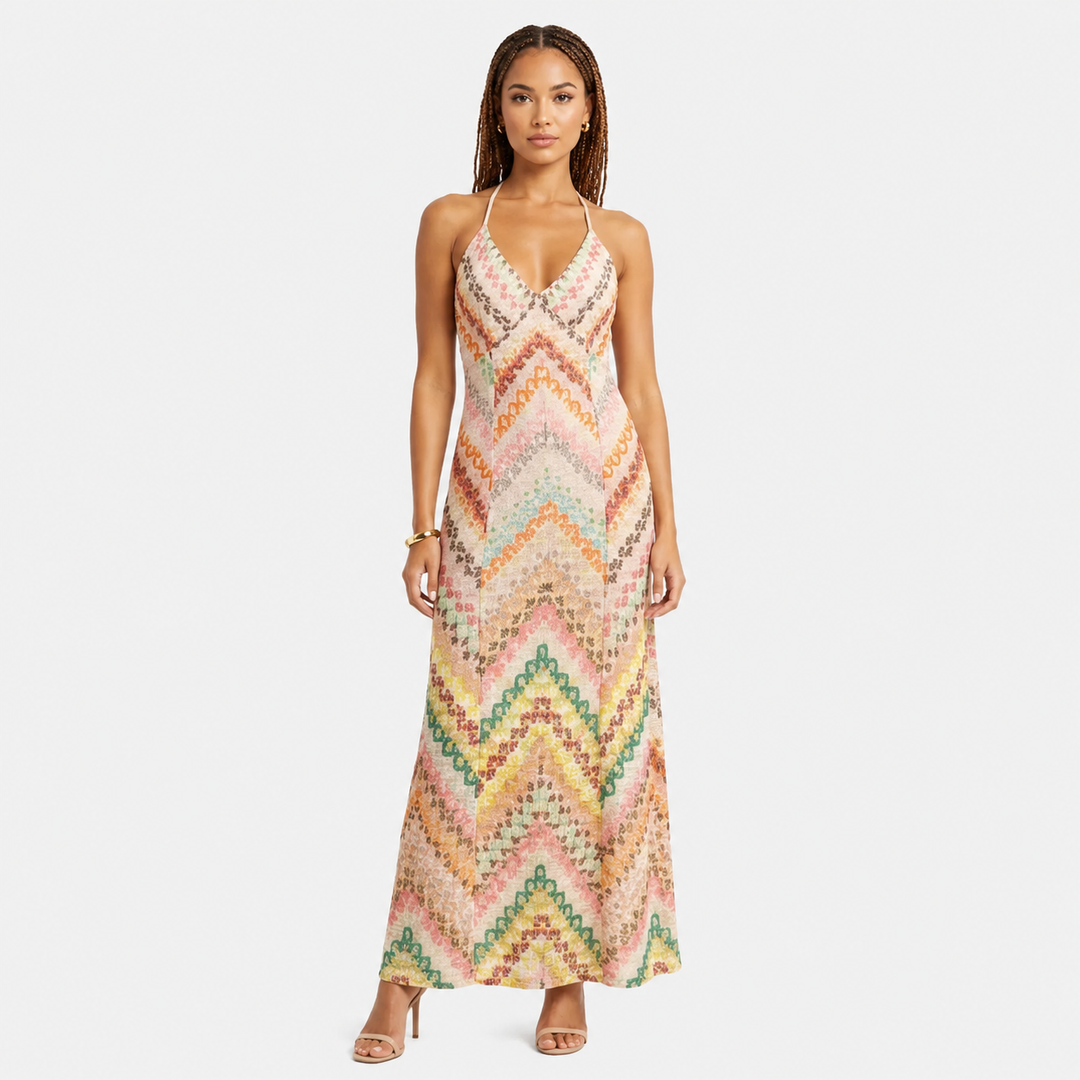 Dream | Multicolor Crochet Knit Halter Open Back Maxi Dress
