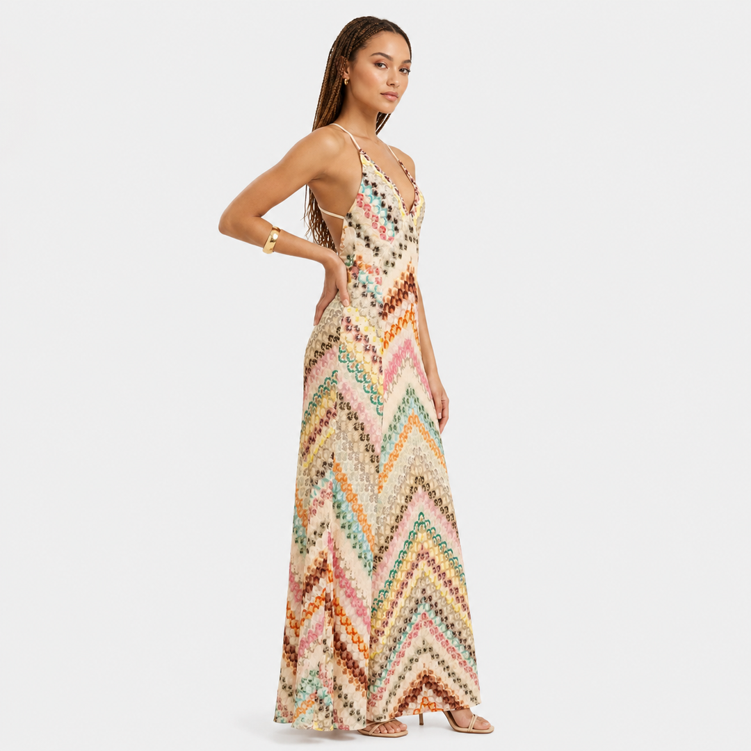 Dream | Multicolor Crochet Knit Halter Open Back Maxi Dress