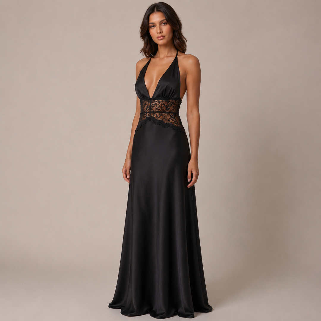 Smoke | Black Satin Halter Lace Maxi Dress