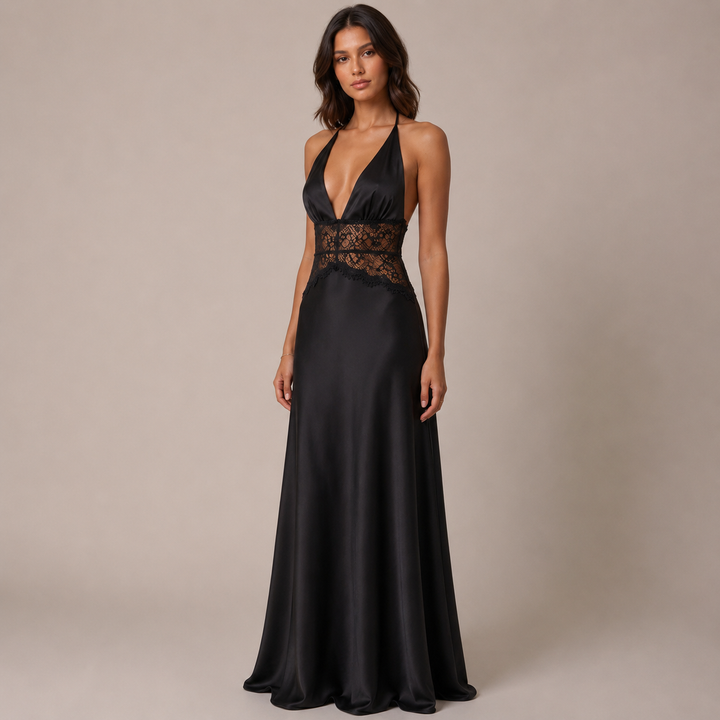 Smoke | Black Satin Halter Lace Maxi Dress