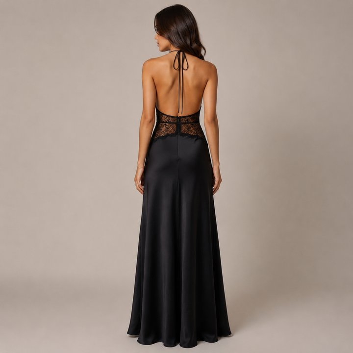 Smoke | Black Satin Halter Lace Maxi Dress