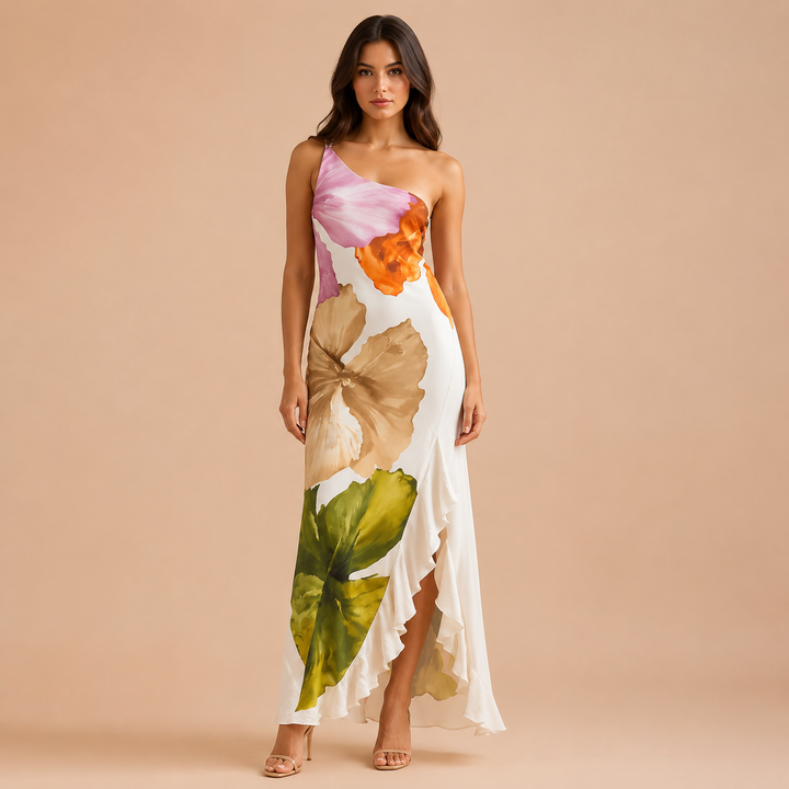 Sweep | Ivory Floral One Shoulder Satin Maxi Dress