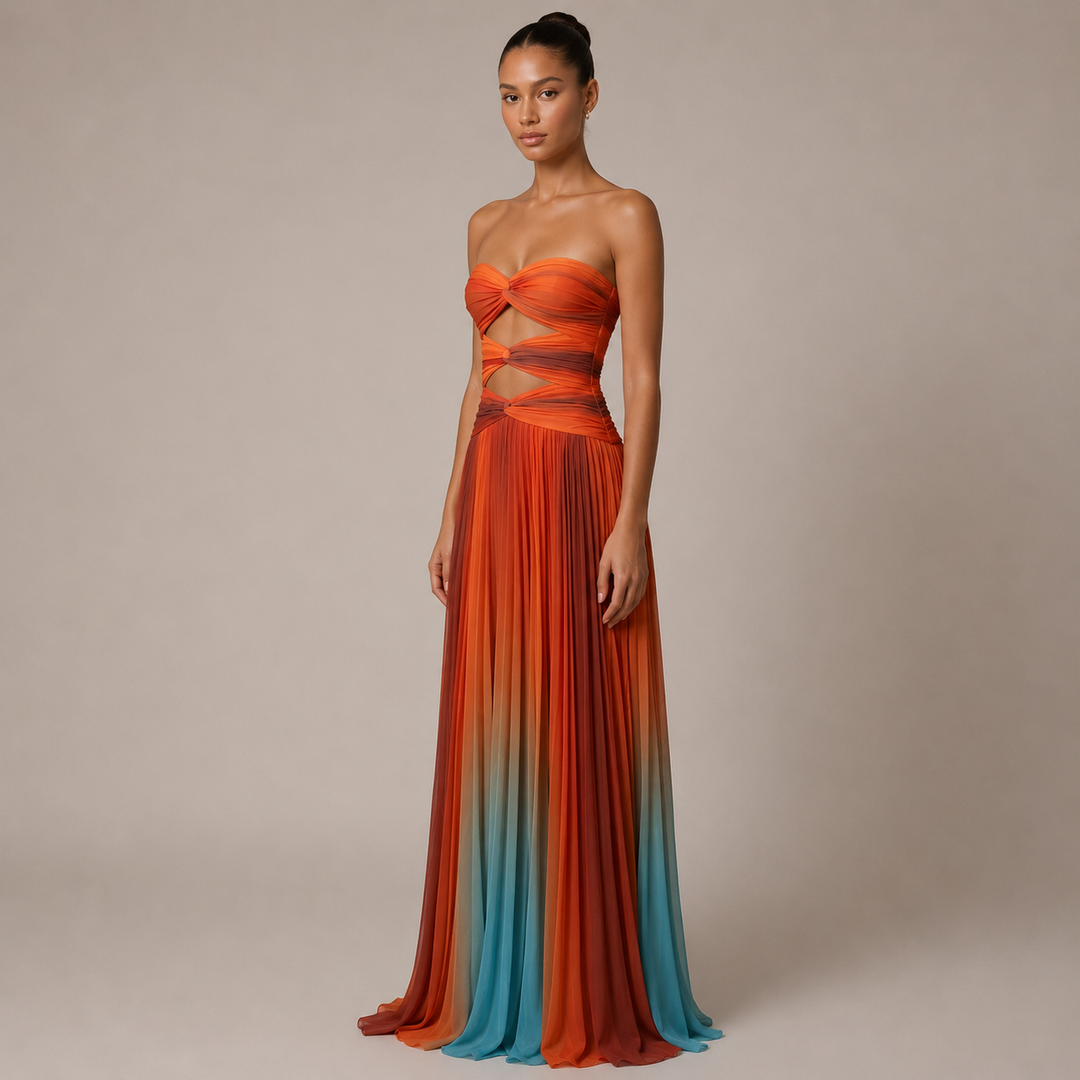 Fade | Orange Pleated Strapless Maxi Dress