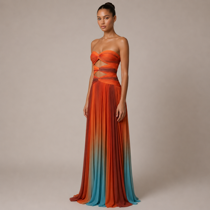 Fade | Orange Pleated Strapless Maxi Dress