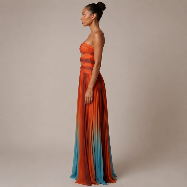 Fade | Orange Pleated Strapless Maxi Dress