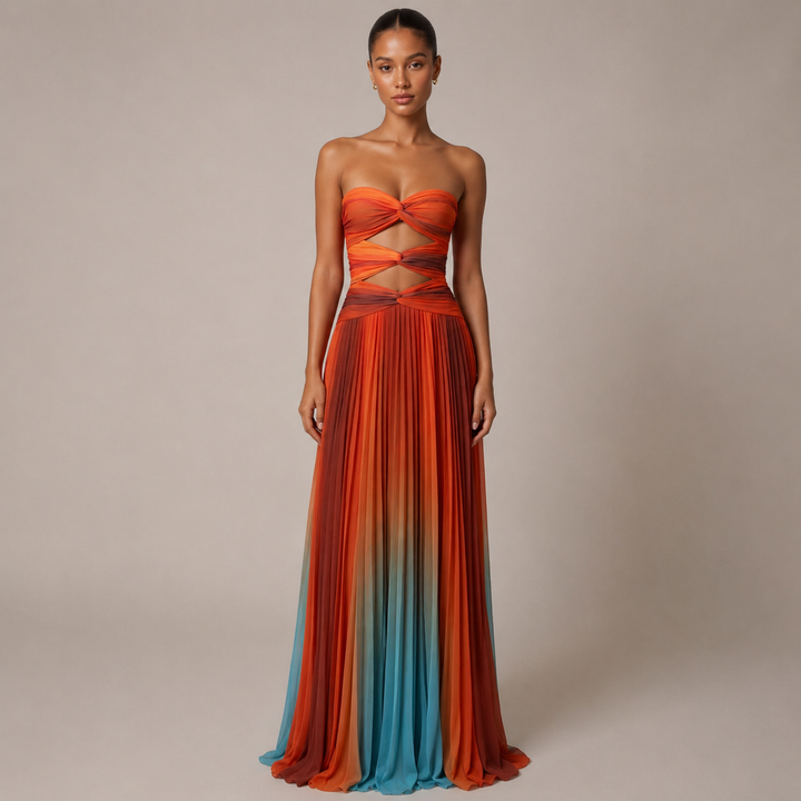 Fade | Orange Pleated Strapless Maxi Dress
